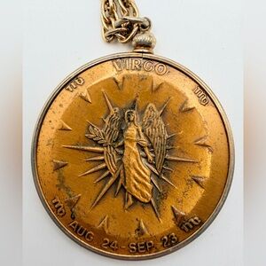 Large Vintage Virgo Zodiac Pendant Necklace with Double Sided Coin